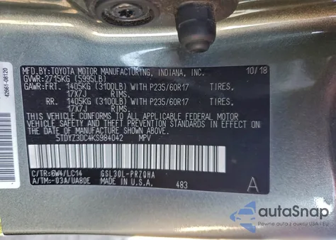 2019 Toyota Sienna Xle z USA, uszkodzony, nr VIN 5TDYZ3DC4KS984042
